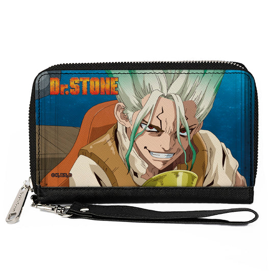 PU Zip Around Wallet Rectangle - DR. STONE Senku Ishigami Grinning Pose and Title Logo Blues