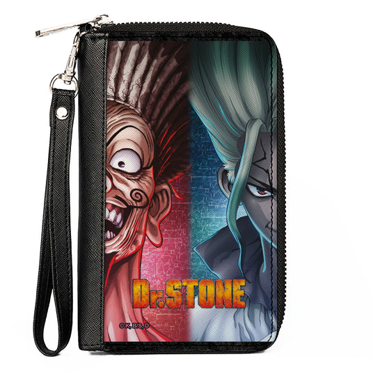 PU Zip Around Wallet Rectangle - DR. STONE Ibara Senku Split Pose and Title Logo Reds/Blues