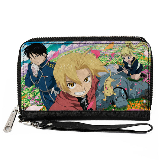 PU Zip Around Wallet Rectangle - Fullmetal Alchemist Brotherhood Four Character and Cat Group Scene