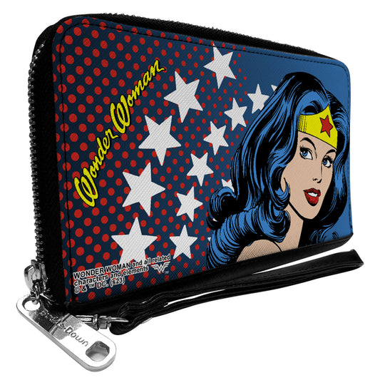 PU Zip Around Wallet Rectangle - WONDER WOMAN Stars/Face Halftone Blues/Red/Yellow/White