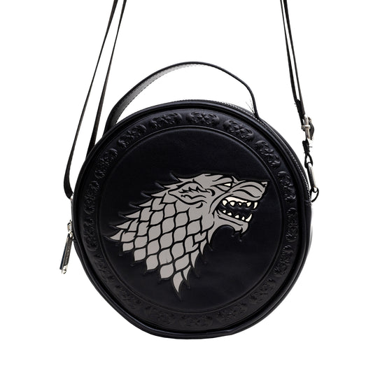 Round Crossbody Bag - Game of Thrones House of Stark Sigil Debossed with Filigree Edge Embossed Black