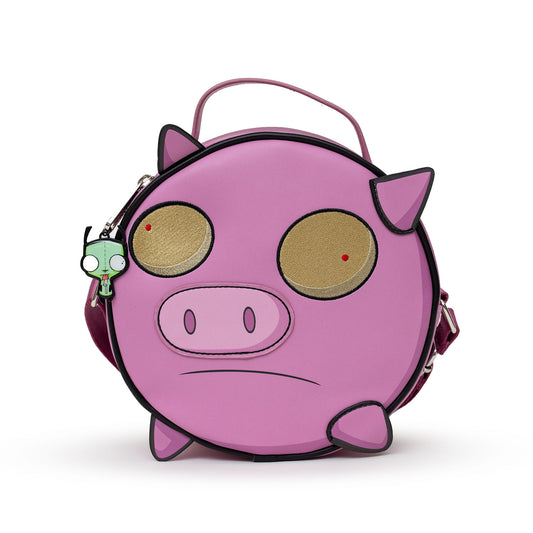 Round Crossbody Bag - Invader Zim Piggy Character Close-Up Applique with Embroidery Pink