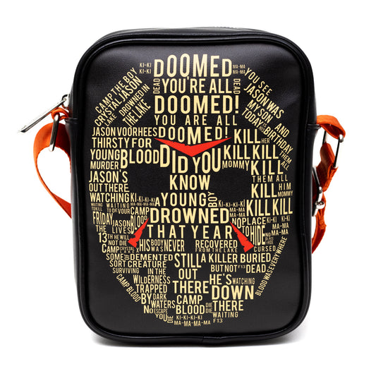 Flat Crossbody Bag - Friday the 13th Jason Hockey Mask Quotes Typography Collage Black/Beige/Red