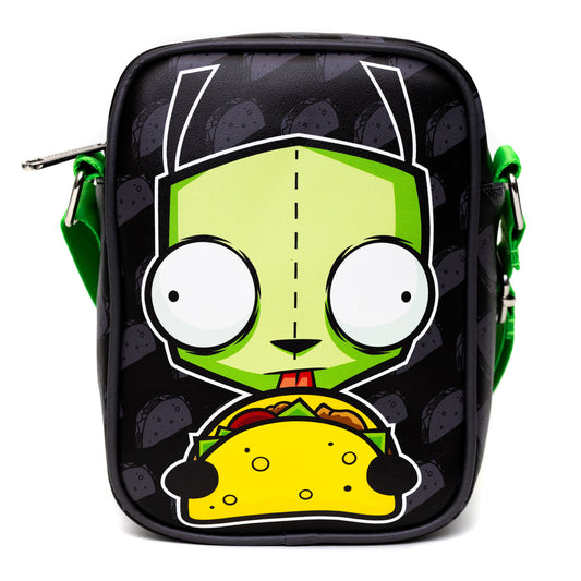 Flat Crossbody Bag - Invader Zim GIR Taco Pose with Taco Print Black/Gray
