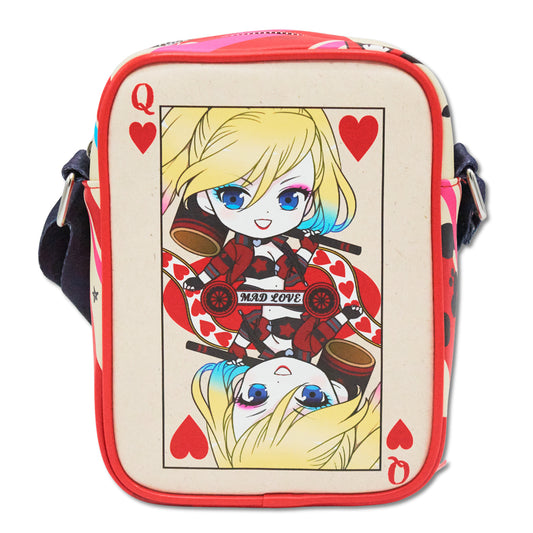 Crossbody Bag - Harley Quinn Chibi Queen of Hearts Card and Icons Beige/Red