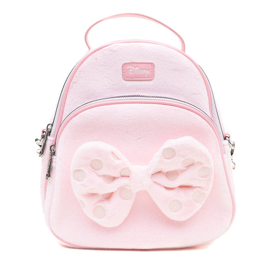 Rounded Crossbody Bag with Two-Pockets and Handle - Minnie Mouse Furry Pink Bow with Dots