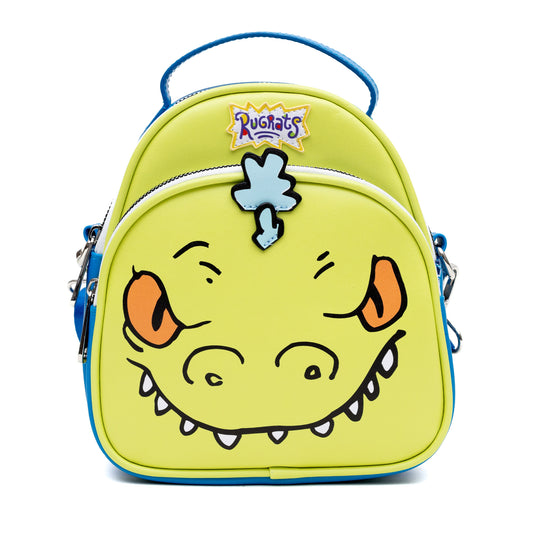 Rounded Crossbody Bag with Handles - Rugrats Reptar Character Face Close-Up Applique with RAWR! Text Green/Blue