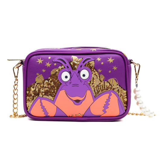 Horizontal Crossbody Bag - Moana Tamatoa Character Close-Up Pose Applique Purple/Gold