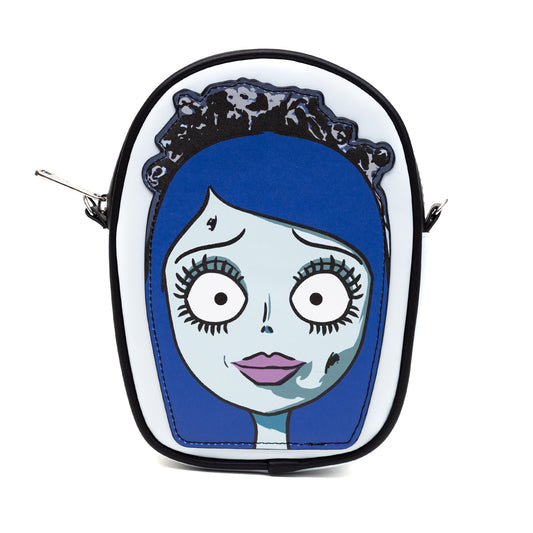 Crossbody Bag with Pocket - Emily the Corpse Bride Face Applique Pale Blue