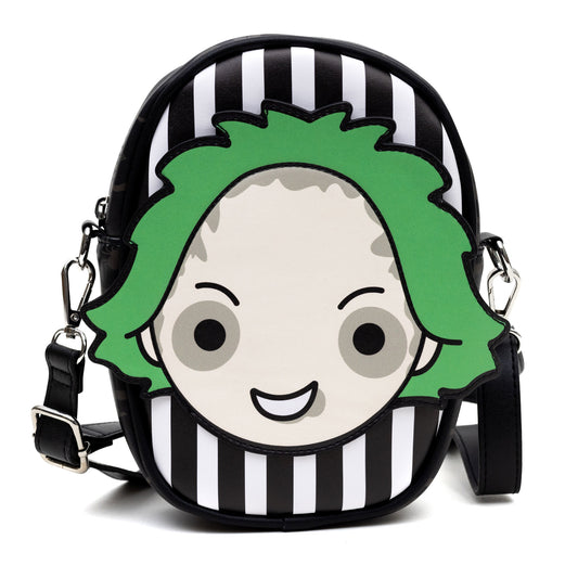Crossbody Bag with Pocket - Beetlejuice Smiling Chibi Face Applique Stripe Black/White