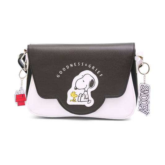 Fold Over Crossbody Bag - Peanuts Woodstock and Snoopy GOODNESS & GRIEF Pose Black/White