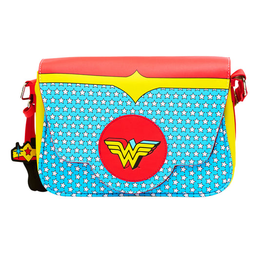 Fold Over Crossbody Bag - DC Comics Wonder Woman Logo Character Bodice Icons Red/Yellow/Blue