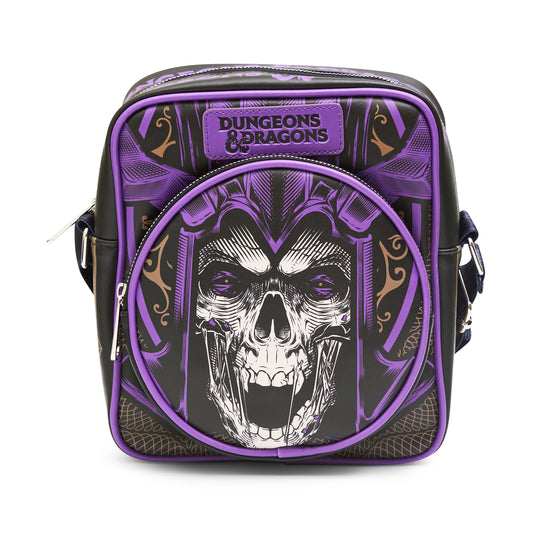 Crossbody Bag with Two-Pockets and Slip Pocket - Dungeons & Dragons Dungeon Master's Guide Face and Icon Black/Purple/Gold