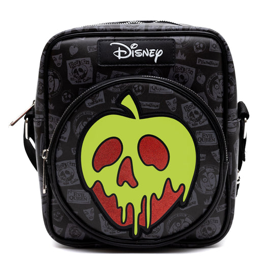 Crossbody Bag with Two-Pockets and Slip Pocket - Snow White Evil Queen Glow in the Dark Poison Apple and Icons Collage Black/Gray