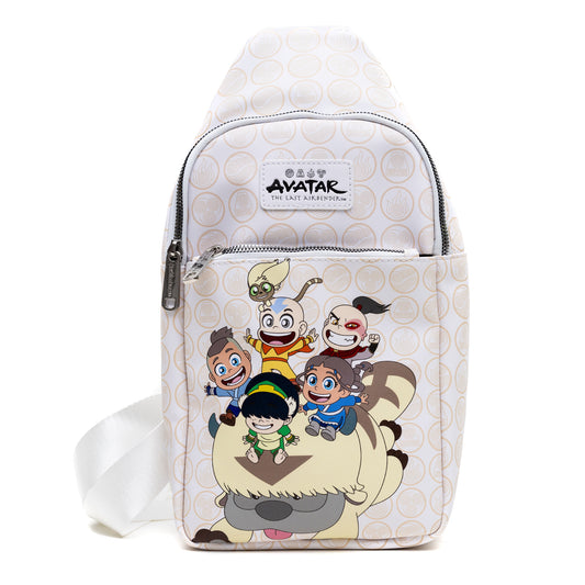 Crossbody Sling Bag - Large - Avatar Last Airbender Chibi Character Group Pose on Appa White