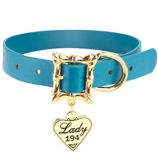 Vegan Leather Dog Collar - Lady and the Tramp Blue PU w LADY 194 Heart Charm