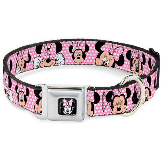 Minnie Mouse Full Color Face Pink Polka Dot Black Seatbelt Buckle Collar - Minnie Mouse Expressions Polka Dot Pink/White