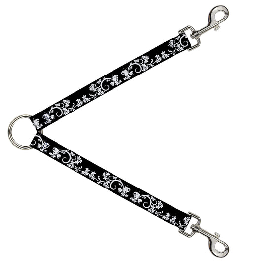 Dog Leash Splitter - Butterfly Garden 2 Black/White