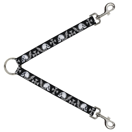 Dog Leash Splitter - BD Skulls w/Wings Black/White