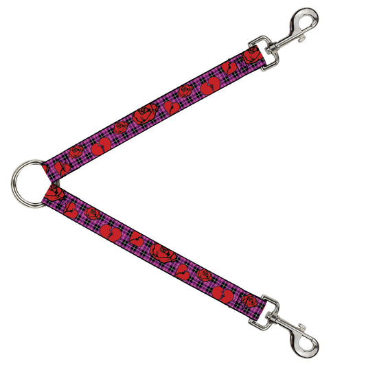 Dog Leash Splitter - Broken Hearts & Roses w/Fuchsia Plaid