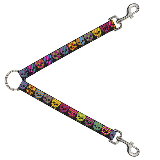 Dog Leash Splitter - Checker & Stripe Skulls Black/Multi Neon