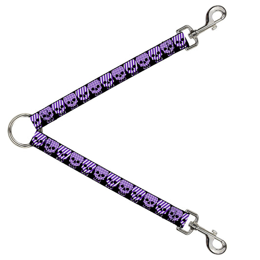 Dog Leash Splitter - Checker & Stripe Skulls Black/White/Purple