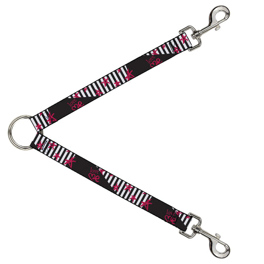 Dog Leash Splitter - Love Me w Sketch Stars & Stripes Black White Fuchsia