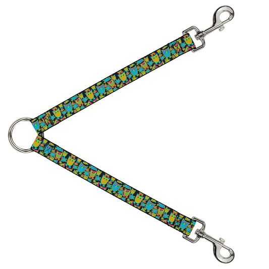 Dog Leash Splitter - Owls w/Outline Black/Multi Neon