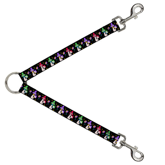 Dog Leash Splitter - Happy Mushrooms with Stars Black Multi Color