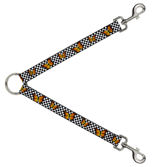 Dog Leash Splitter - Monarch Butterfly Scattered Checker Black White