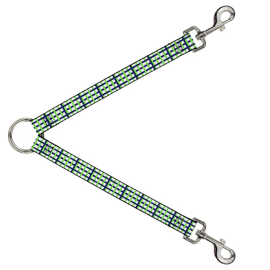 Dog Leash Splitter - Basketweave Plaid White/Navy/Bright Green