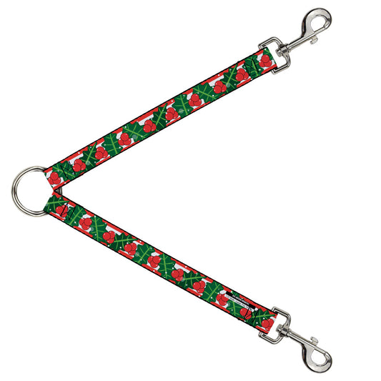 Dog Leash Splitter - Snowy Holly Stripe Reds White Greens