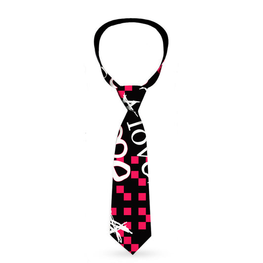 Necktie Standard - Love Me w Sketch Stars & Checkers Black Fuchsia White