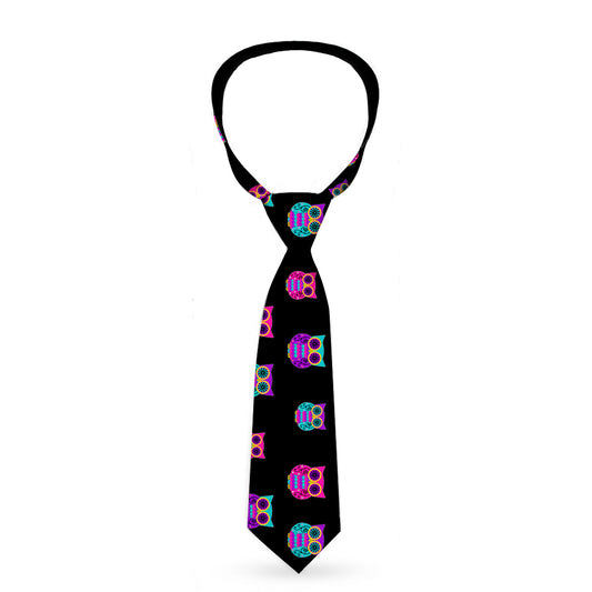 Necktie Standard - Owls Black Fuchsia Purple Turquoise