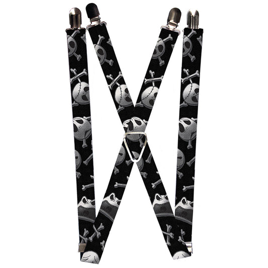 Suspenders - 1.0" - Nightmare Before Christmas Jack Skull & Crossbones Scattered Black Grays