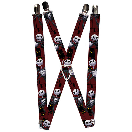 Suspenders - 1.0" - Nightmare Before Christmas 3-Jack Poses Peeping Eyes Burgundy Black Yellow