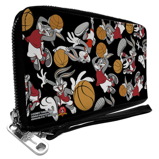 PU Zip Around Wallet Rectangle - Bugs Bunny Basketball Poses Scattered Black