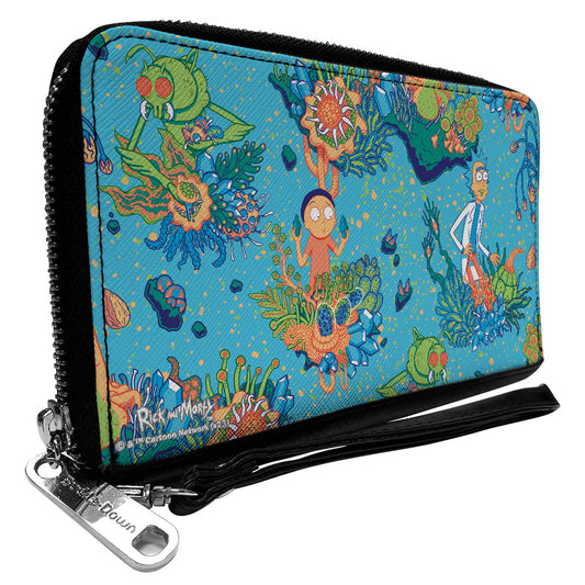 PU Zip Around Wallet Rectangle - Rick and Morty Botanical Garden Collage Blue