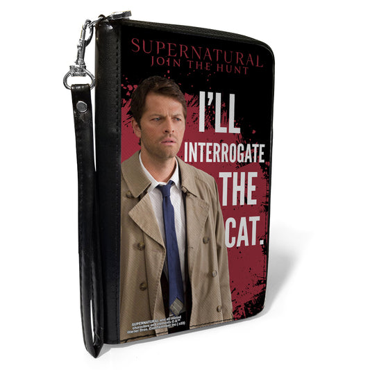 PU Zip Around Wallet Rectangle - Supernatural Castiel I'LL INTERROGATE THE CAT Black/Red/White