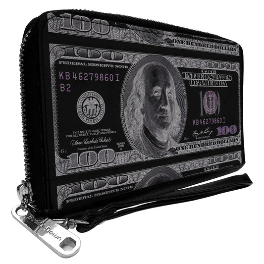 PU Zip Around Wallet Rectangle - 100 Dollar Bill X-Ray Black/White
