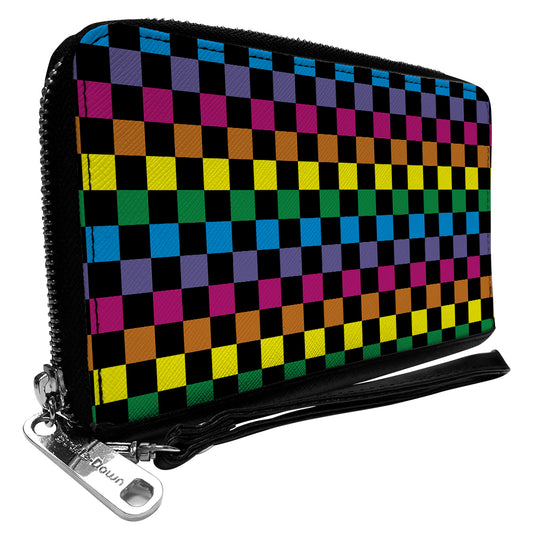 PU Zip Around Wallet Rectangle - Checker Black/Neon Rainbow