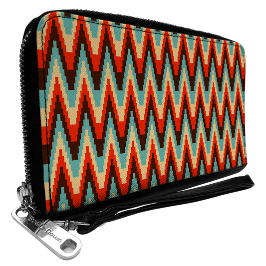 PU Zip Around Wallet Rectangle - Jagged Zig Zag Brown/Aqua/Cream/Red
