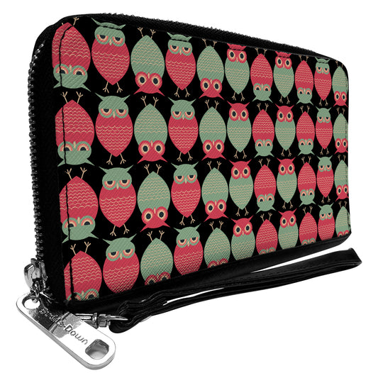 PU Zip Around Wallet Rectangle - Owls Flip Black/Mauve/Sage