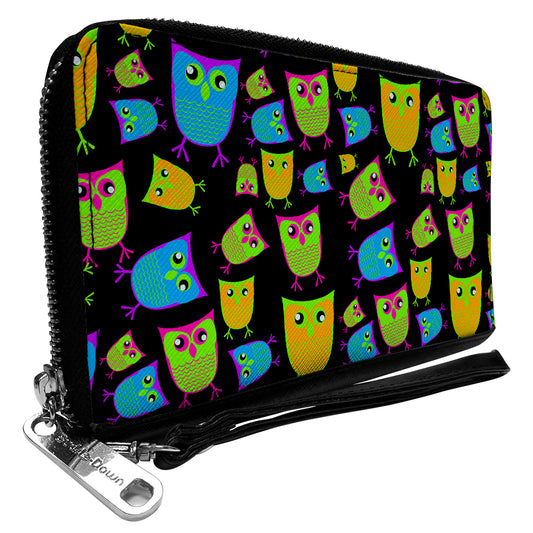 PU Zip Around Wallet Rectangle - Owls Black/Multi Neon