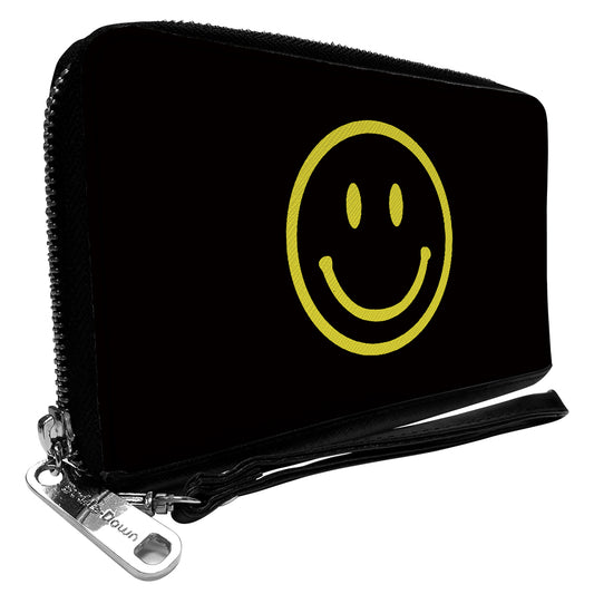 PU Zip Around Wallet Rectangle - Smiley Face Black/Yellow