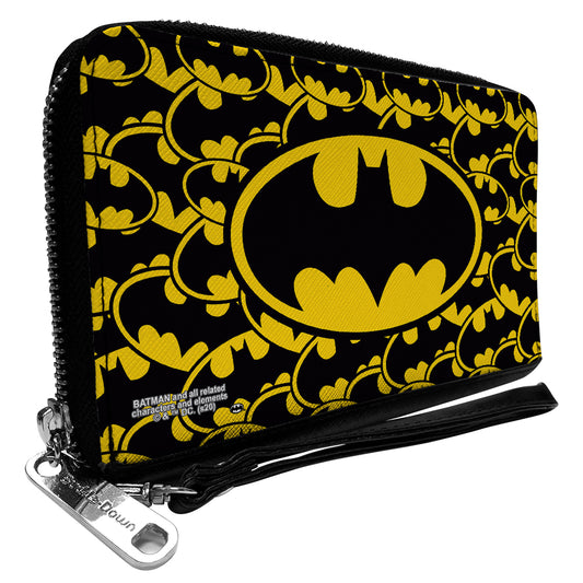 Women's PU Zip Around Wallet Rectangle - Bat Signal Centered Stacked Yellow Black