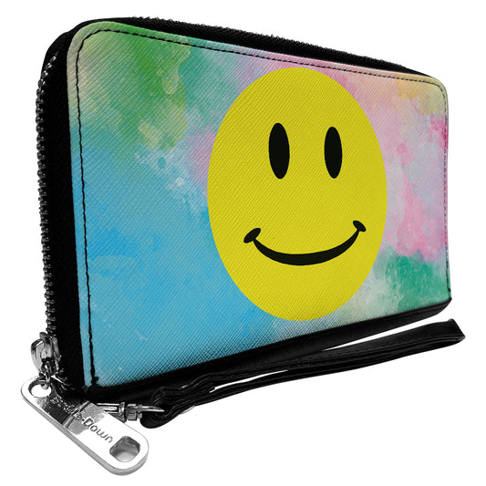 Women's PU Zip Around Wallet Rectangle - Smiley Face Tie Dye Blues Greens Pinks Yellows