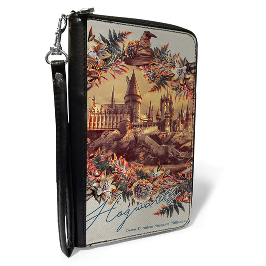 Women's PU Zip Around Wallet Rectangle - Harry Potter Hogwarts Castle Floral Collage Gray