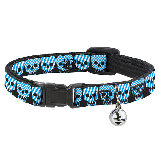 Cat Collar Breakaway - Checker & Stripe Skulls Black White Baby Blue