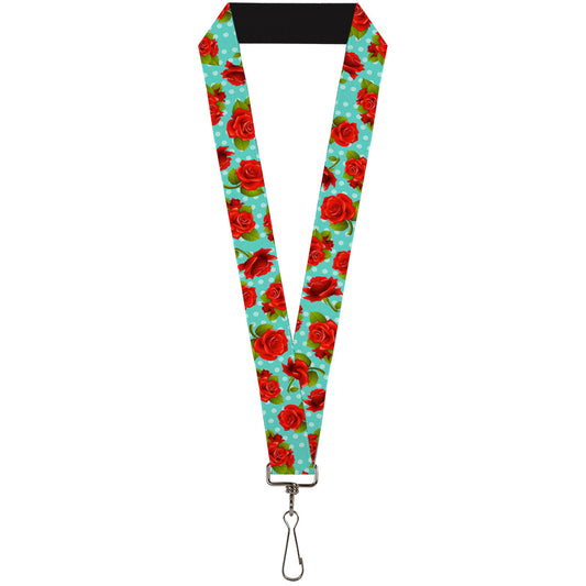 Lanyard - 1.0" - Red Roses Polka Dots Turquoise